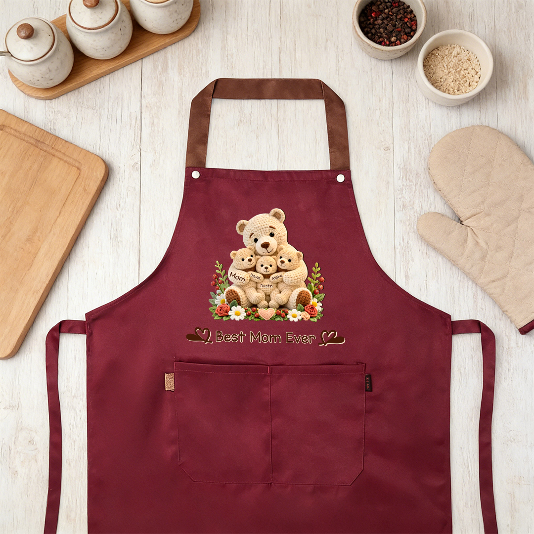 Personalized Cooking Apron With Pocket Customized With 1-10 Names And Teddy Bear