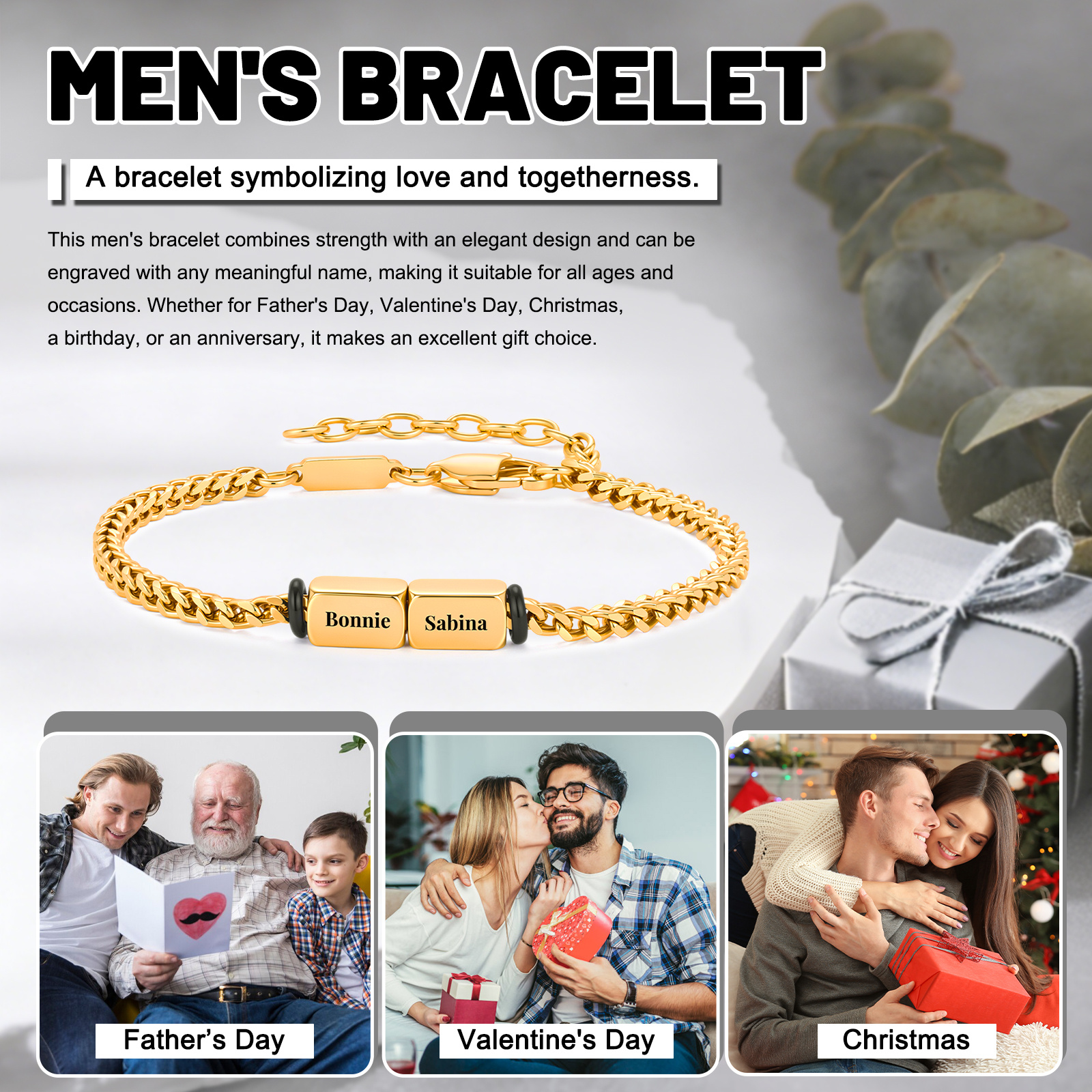 Personalized Men’s Bracelet With 2-5 Names Gold Cuban Link Bracelet Gift For Men