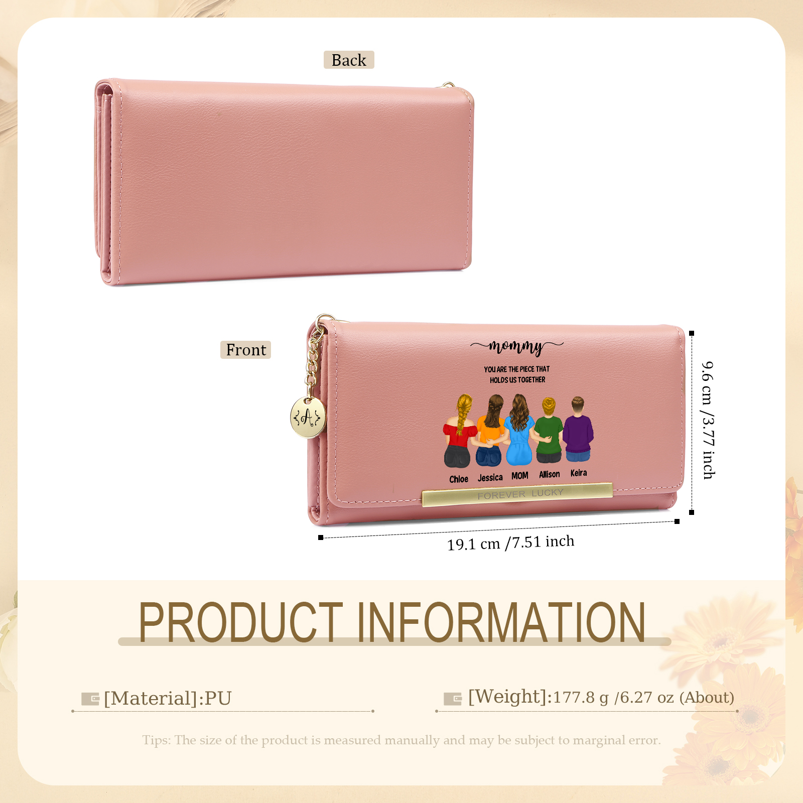 Personalized leather wallet for Mom Custom with 1–6 child figures and names