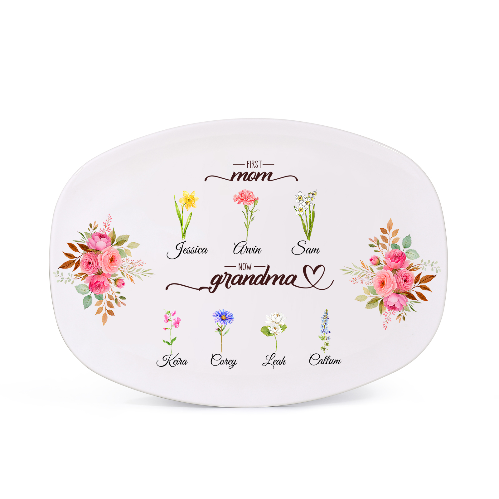 Oval Plate with a floral motif "First Mom, now Grandma"