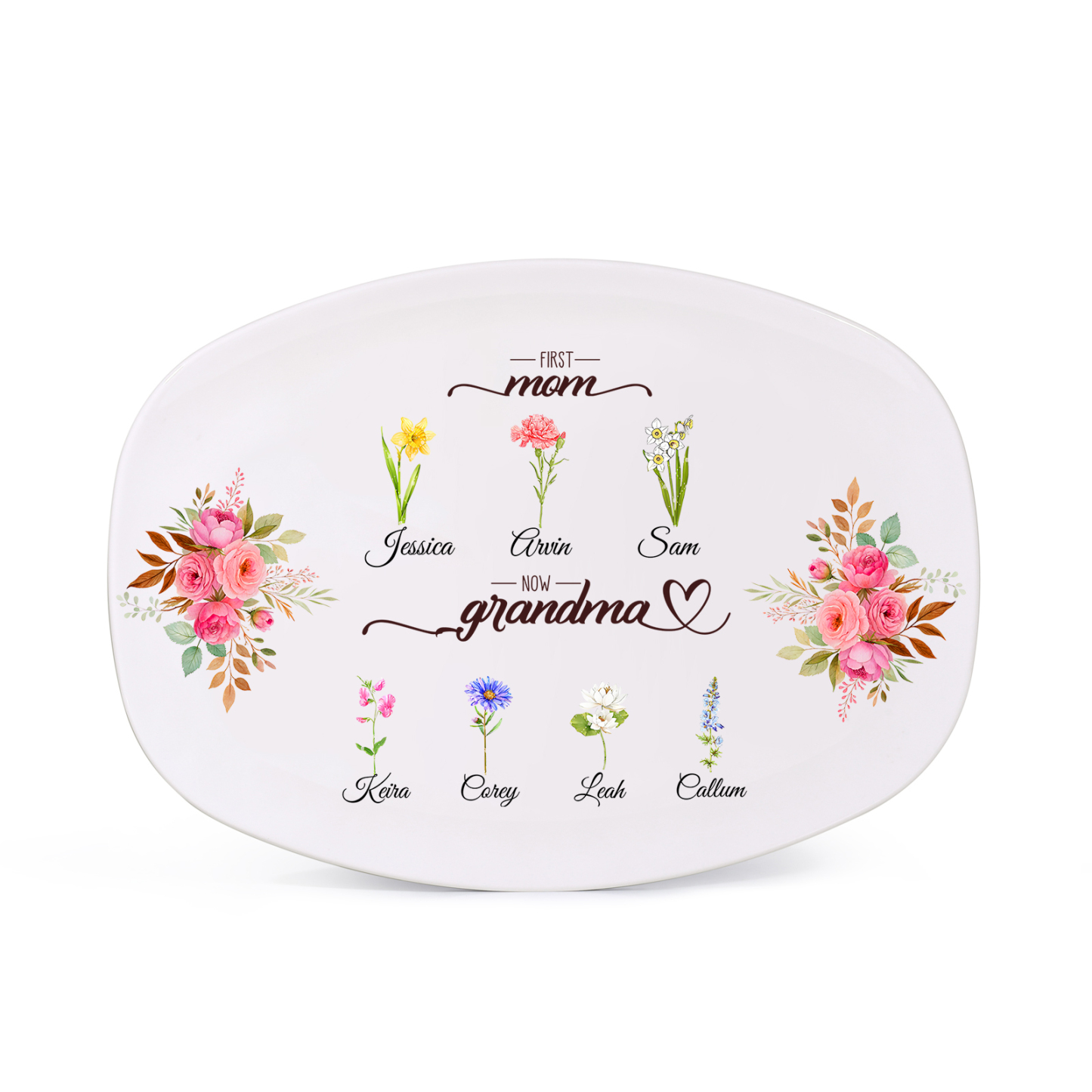 Oval Plate with a floral motif "First Mom, now Grandma"