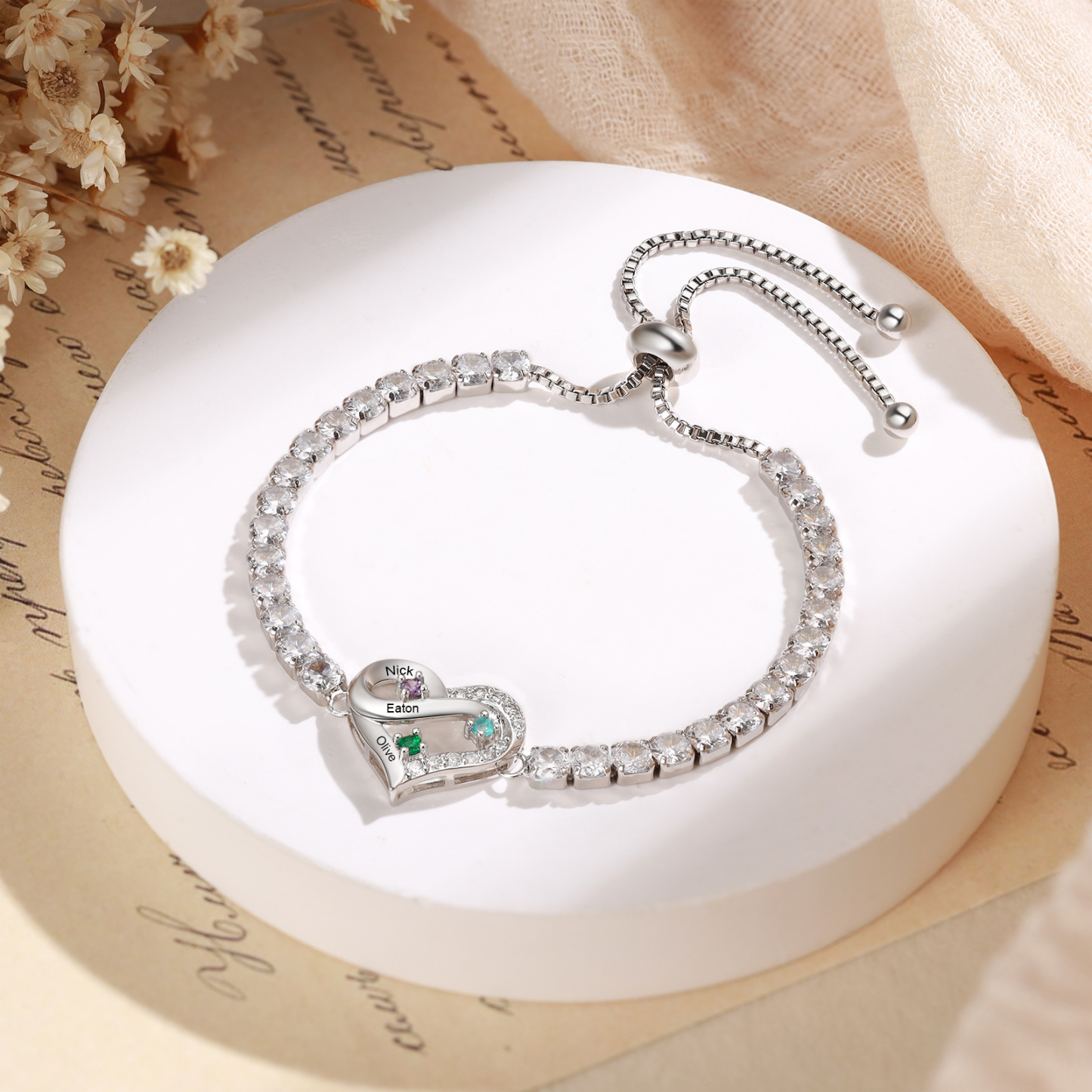 Personalized Infinity Heart Tennis Bracelet with 2–4 Names and Birthstones