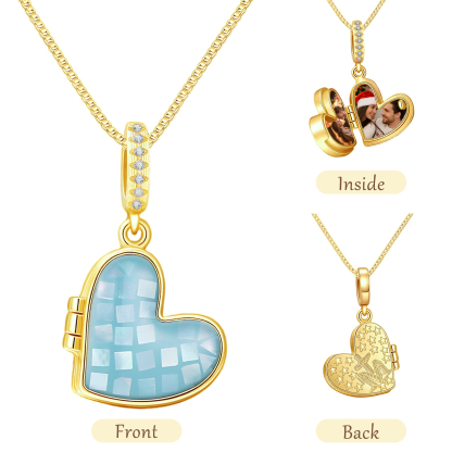 Personalized Heart Photo Locket Necklace for Her White Abalone Necklace