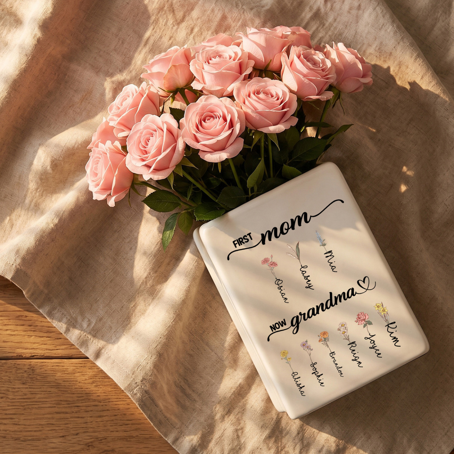 Personalized Ceramic Vase for Grandma Customized with 2-12 Names and Birth Flowers