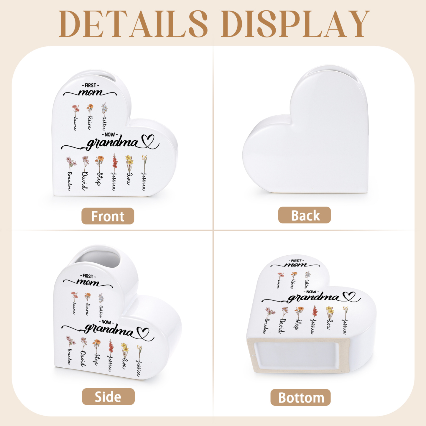 Personalized Ceramic Heart Vase with 2–12 Birthflowers and Names