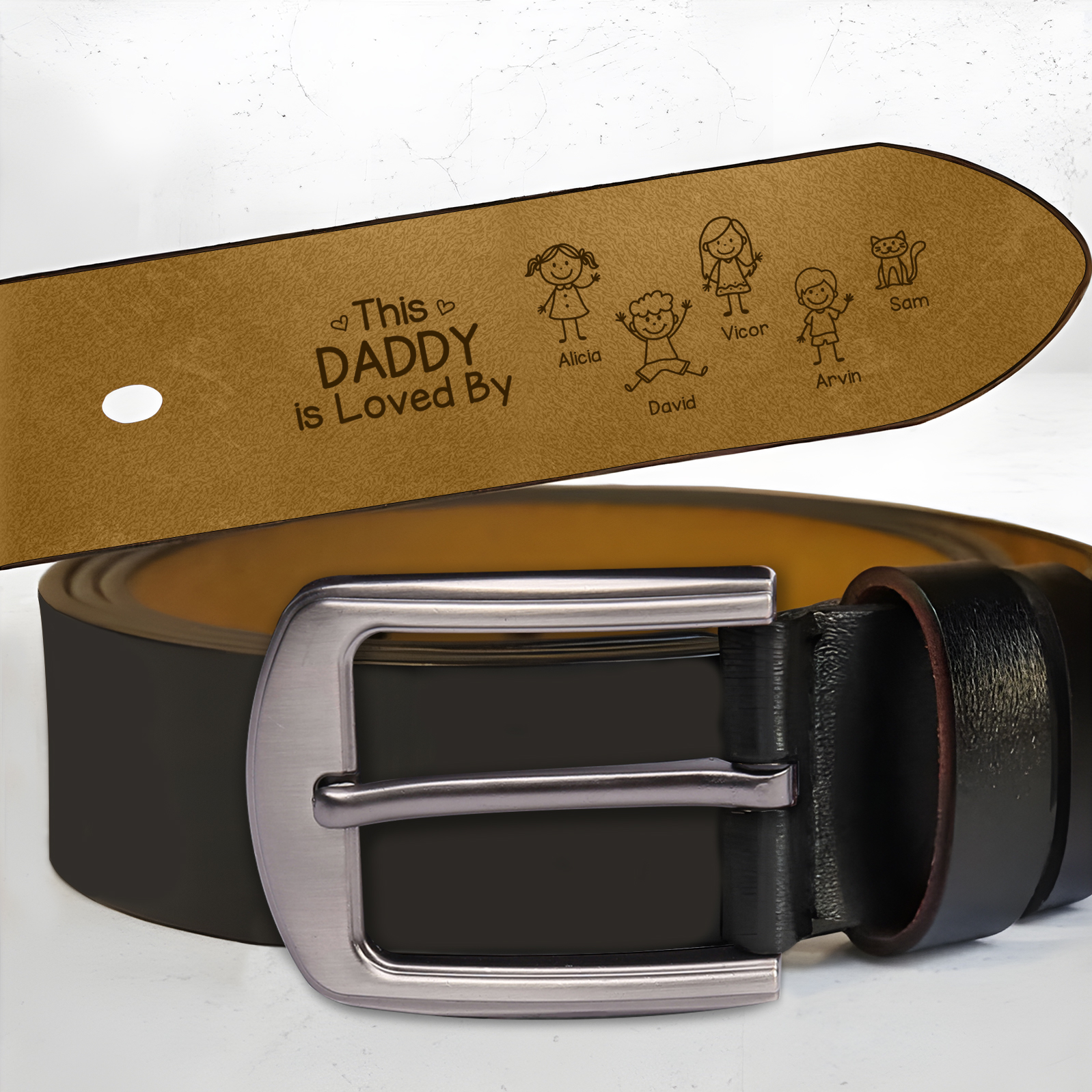 Personalized Leather Men Leather Belt For Dad Grandpa Customized With 1–10 Names And Child Figures
