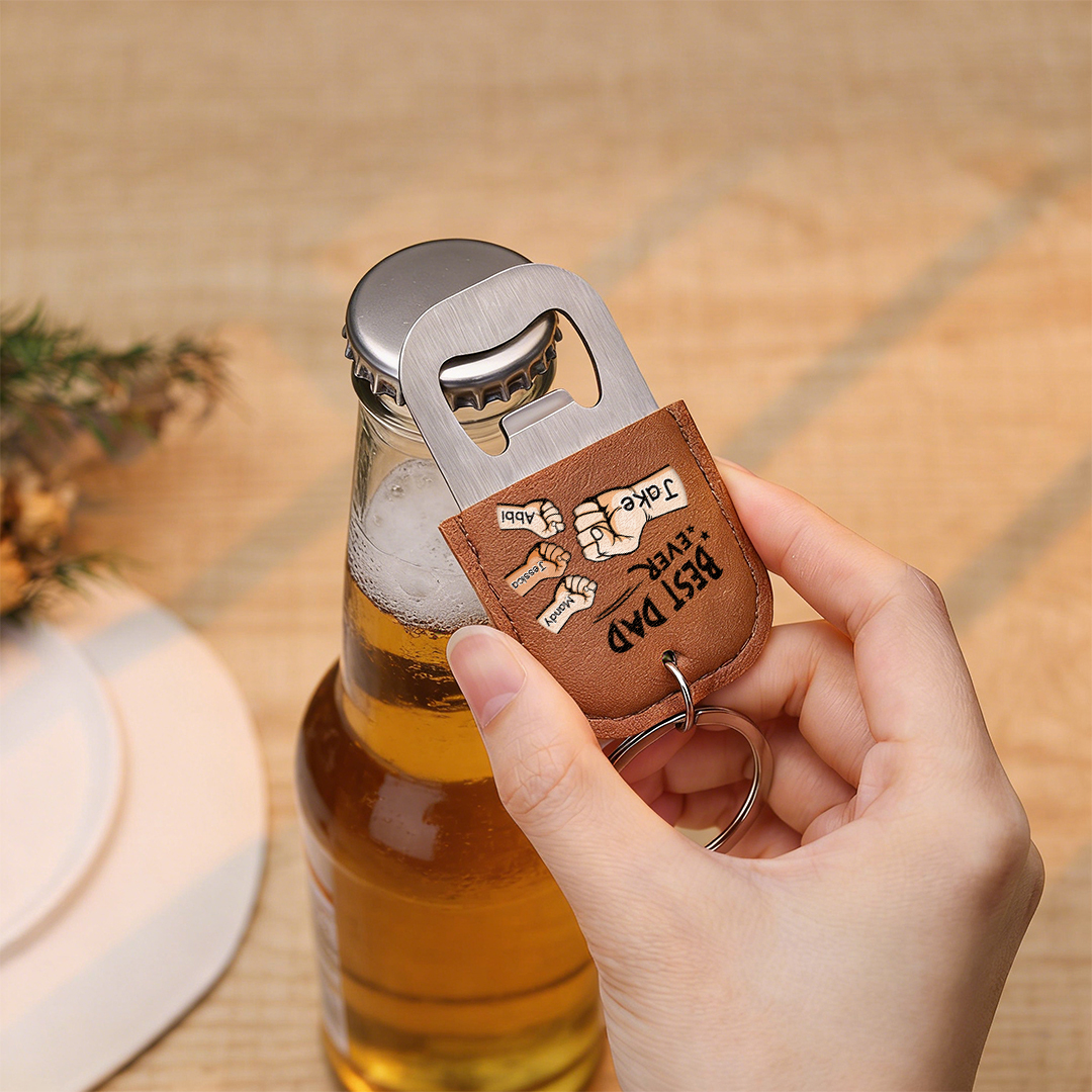 Personalized Leather Keychain With Bottle Opener For Dad Custom With 2–7 Names And Fist Bumps