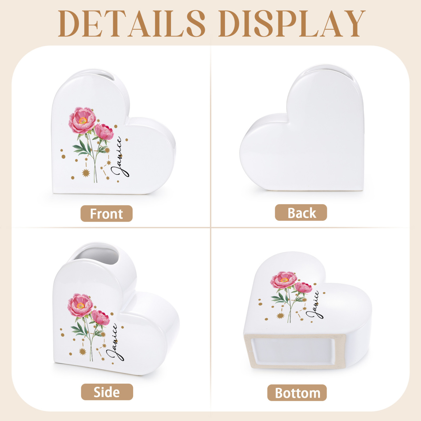 Personalized Heart-shaped Ceramic Vase Custom with Birth Flowers and Zodiac Sign