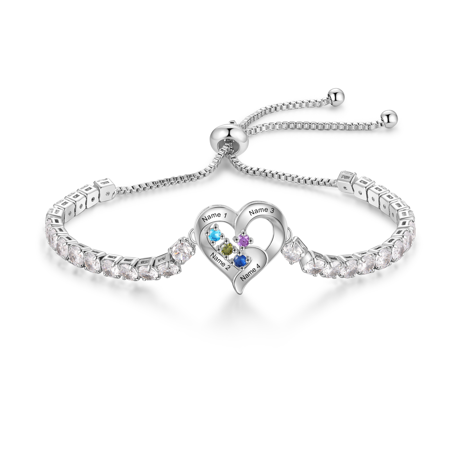 Personalized Heart Bracelet with 2-4 Names & CZ Birthstones – Custom Rhodium Plated Gift for Her | Jessemade