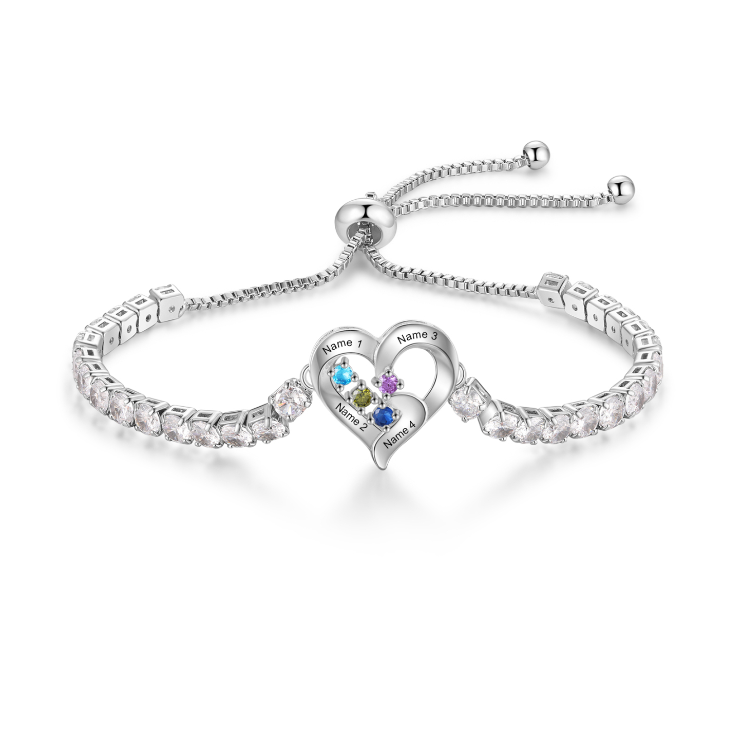 Personalized Heart Bracelet with 2-4 Names & CZ Birthstones – Custom Rhodium Plated Gift for Her | Jessemade