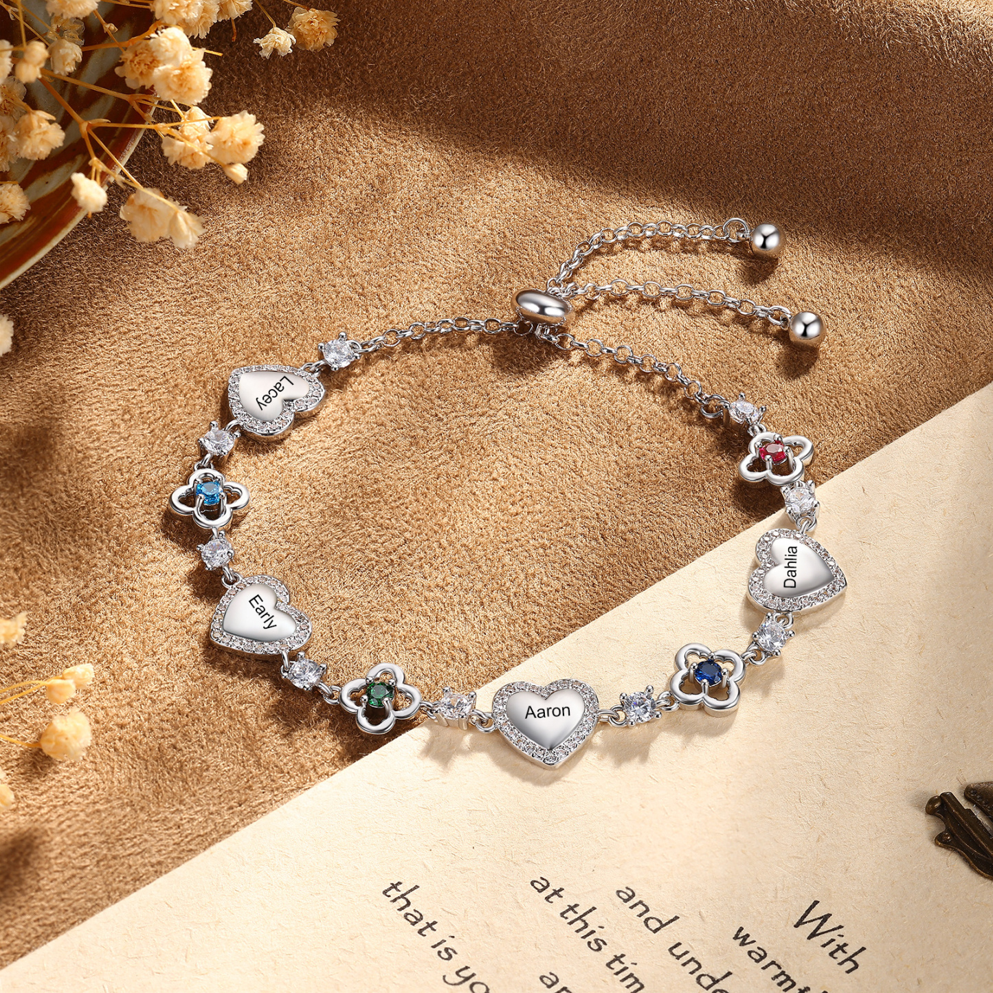 Personalized Birthstone Bracelet with Heart and Flowers Customized with 2–5 Names and Stones