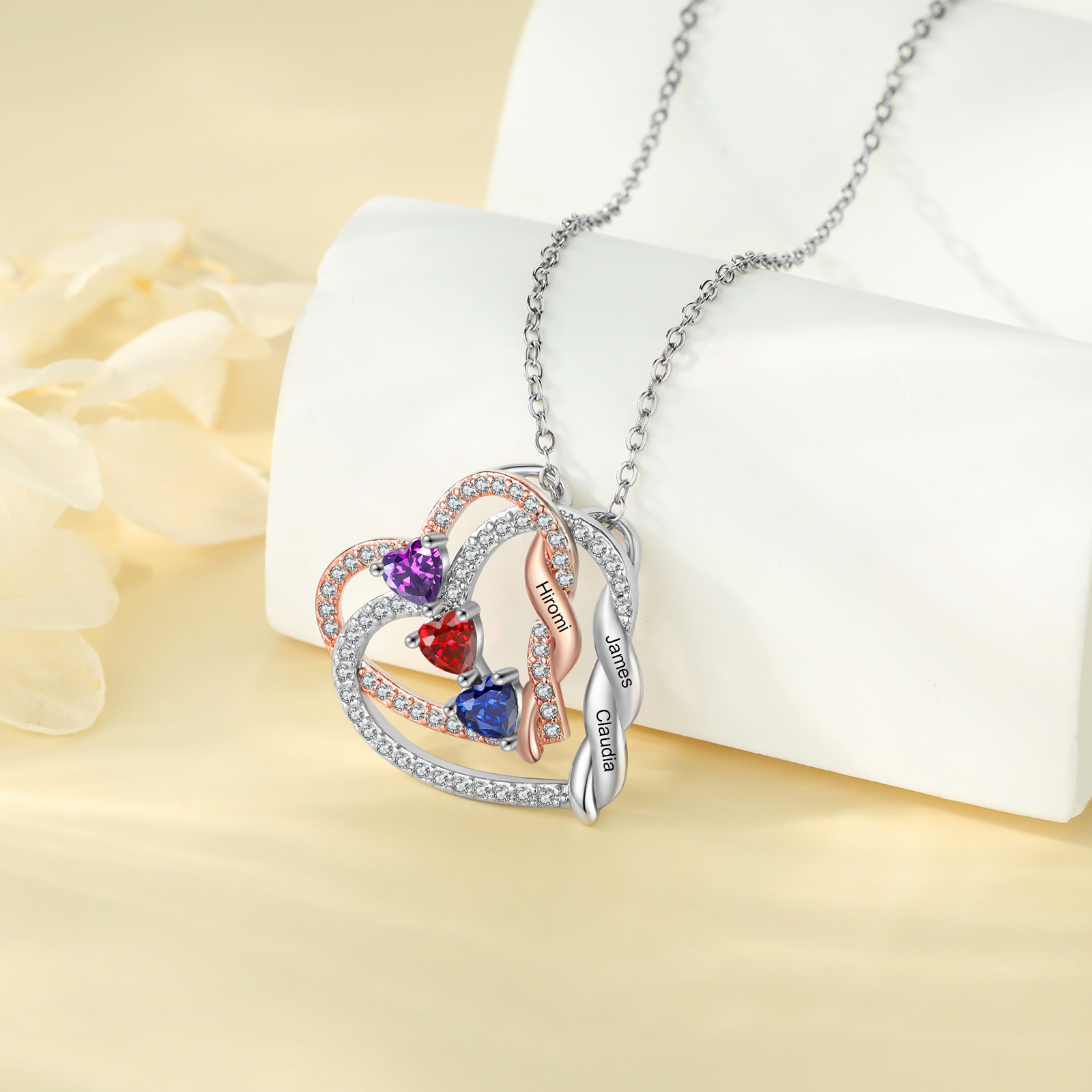 Personalized Heart-to-Heart Birthstone Necklace with Names – Custom Diamond Pendant Gift | Jessemade
