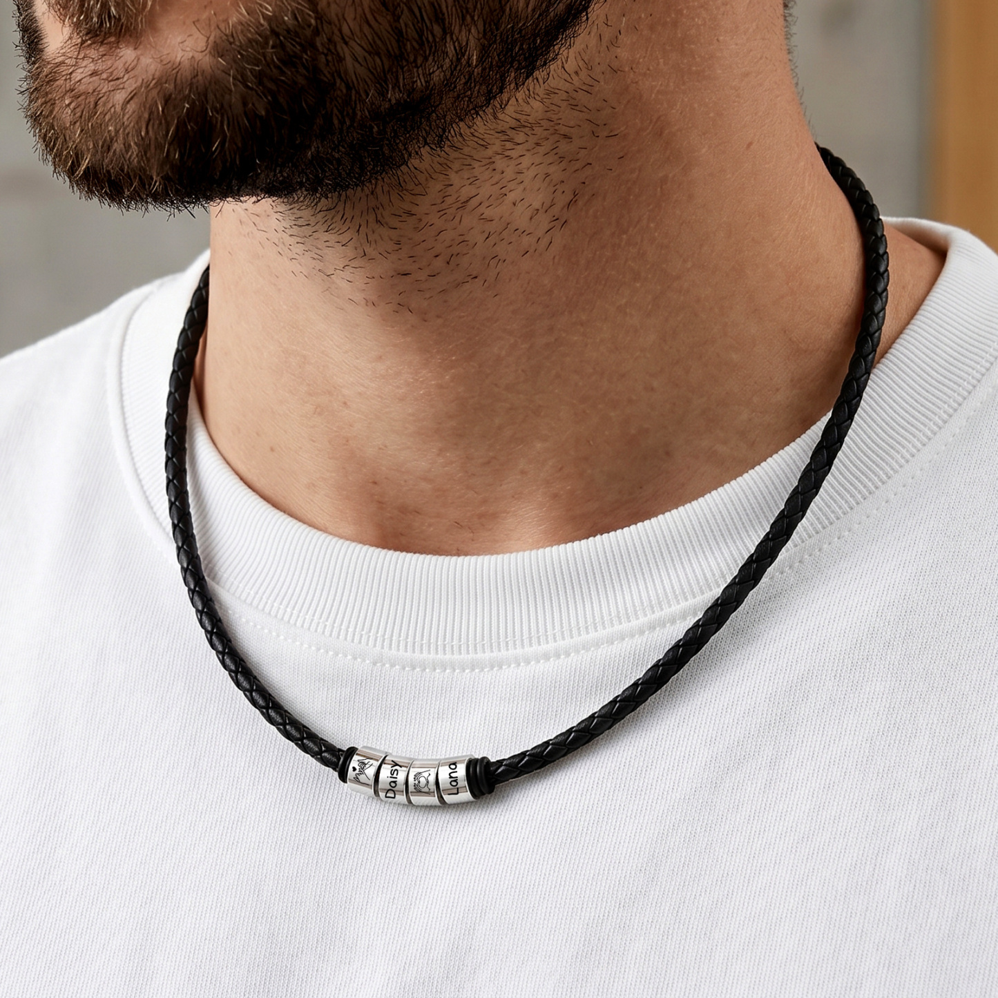 Personalized Braided Leather Necklace for Men Customized with 1–6 Names Beads