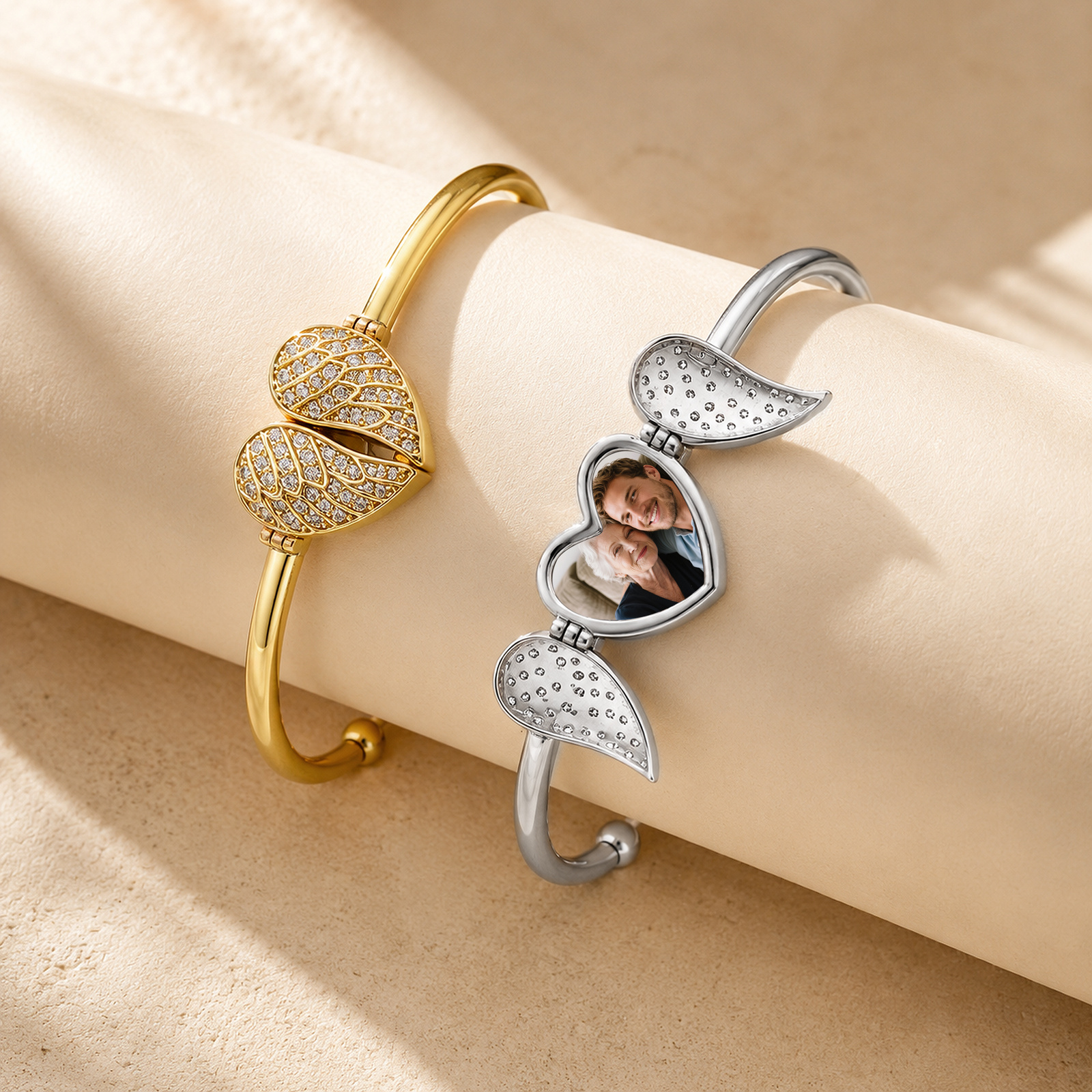 Personalized Angel Wing Heart Photo Cuff Bracelet