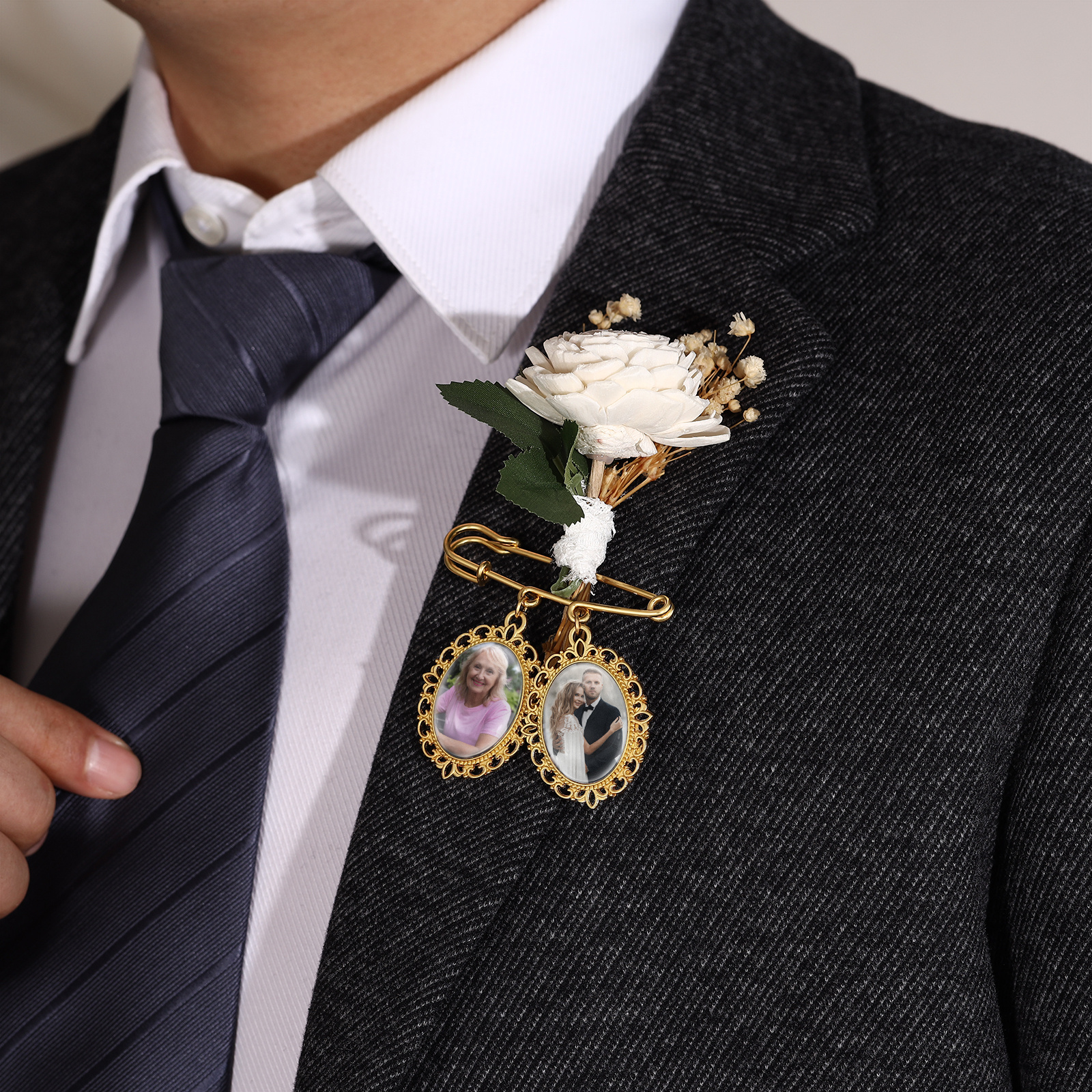 Personalized Wedding Photo Brooch Memorial Bridal Bouquet Groom Lapel Pin