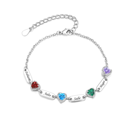 Personalized Heart Birthstone Bracelet Customized with 1-6 Names and Stones