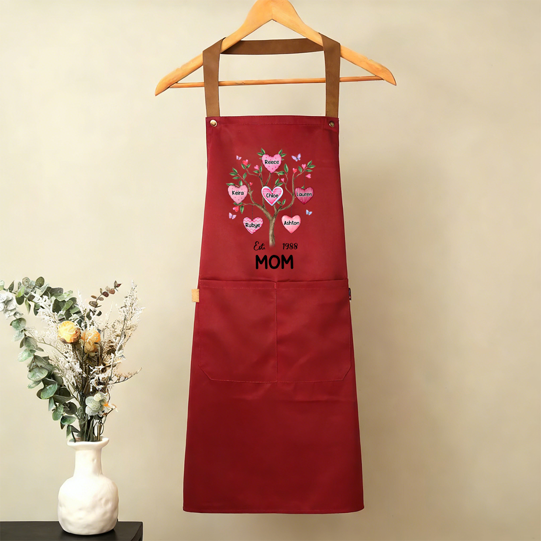 Personalized Mom Family Tree Apron with Pocket Customized with 2–8 Names