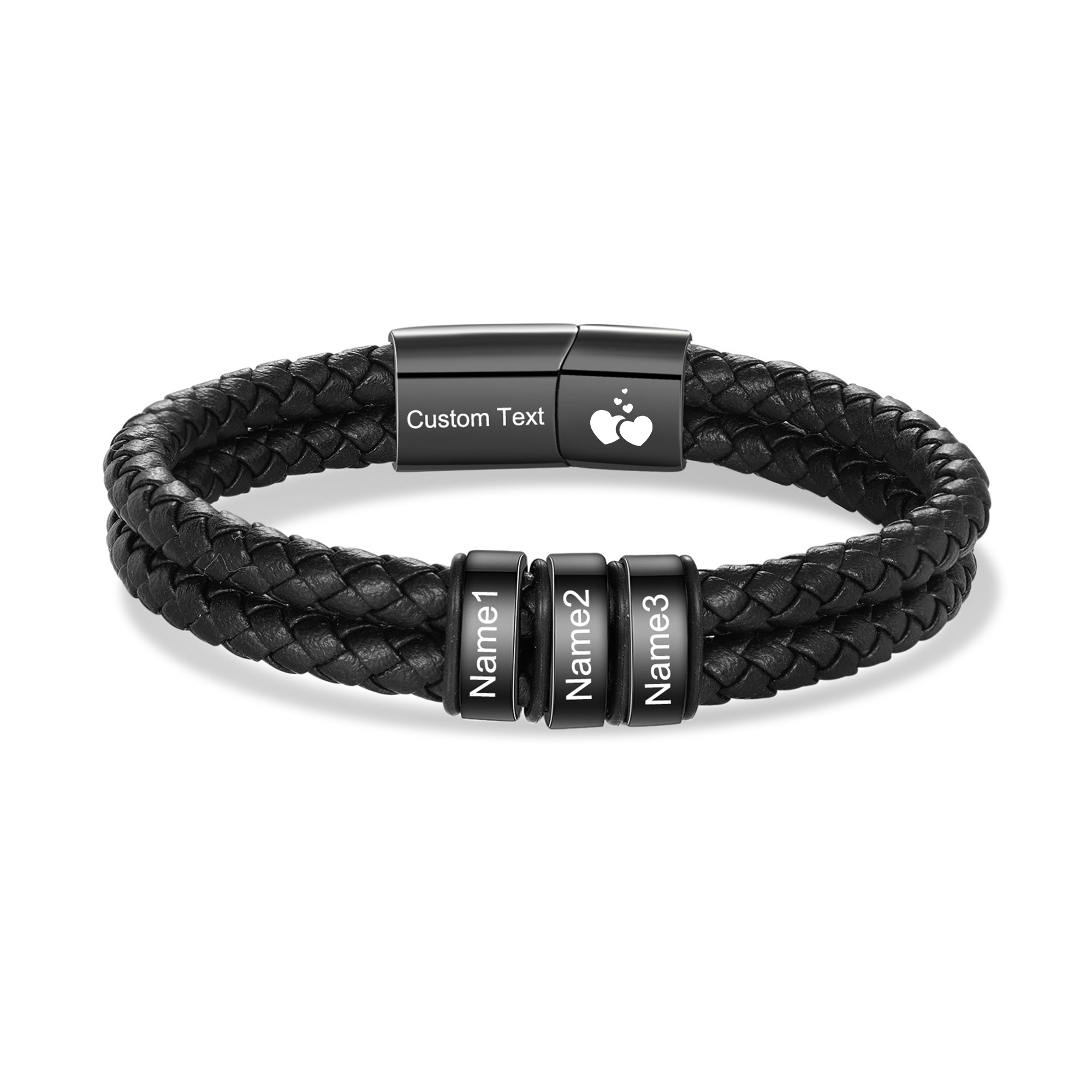 Personalized Black Braided Leather Bracelet Custom With 2-6 Names For Men
