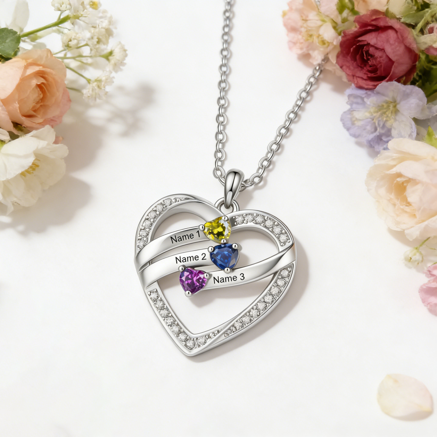 Personalized Heart Birthstones Necklace Custom With 3–5 Children’s Names