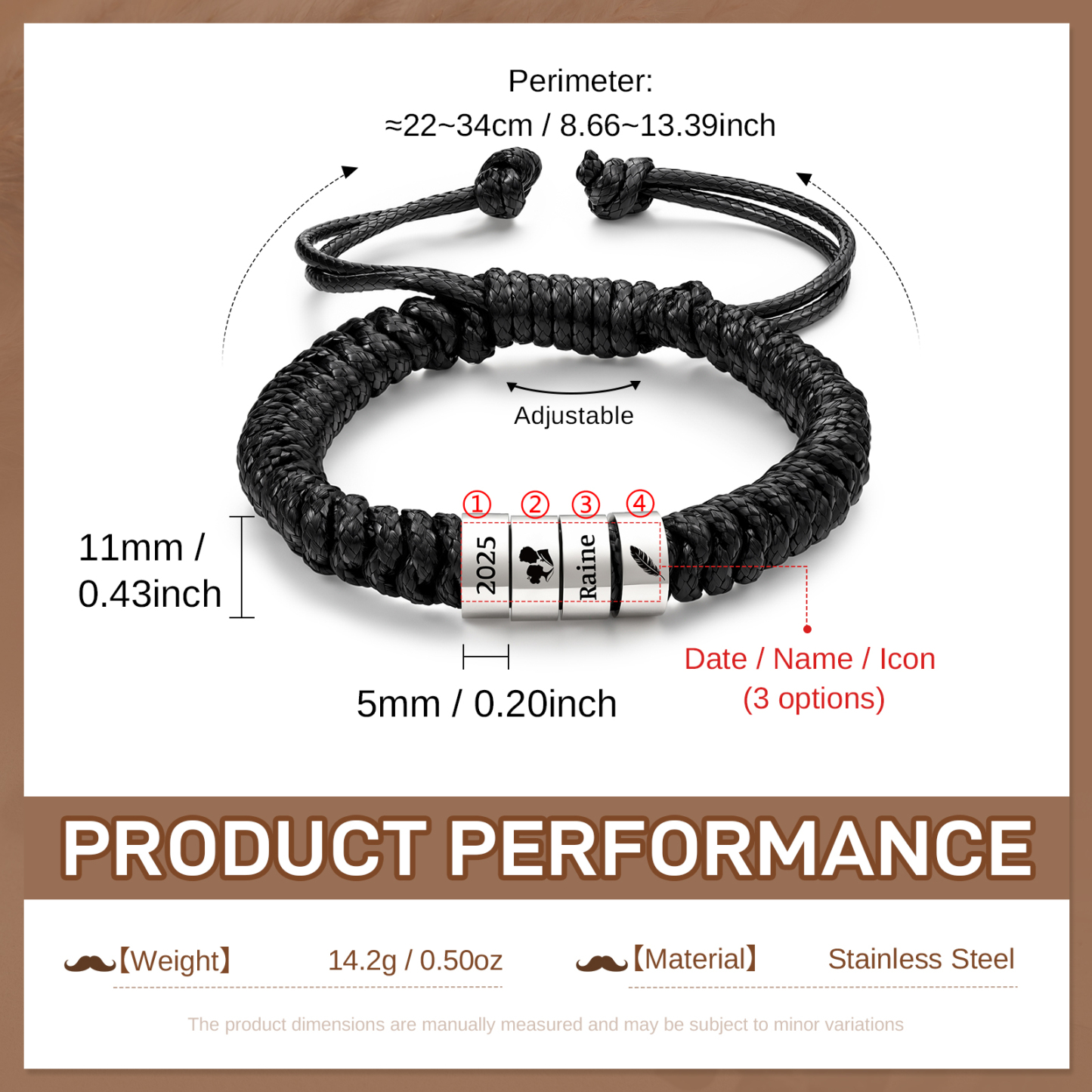 Personalized Braided Rope Bracelet Adjustable Customized with 2-6 Names Beads