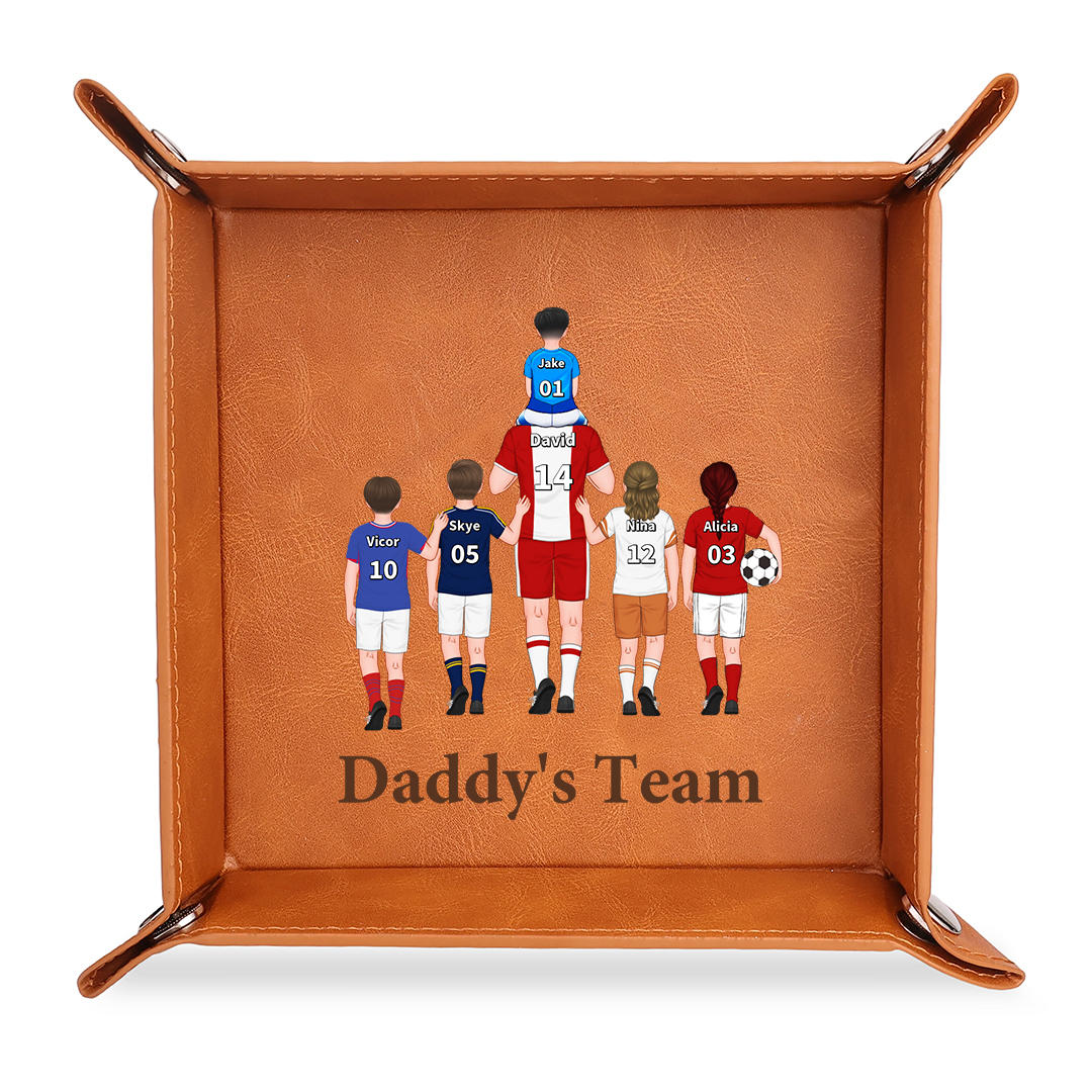 Personalized Leather Valet Tray Soccer Family Customized with 1-8 Names Gift For Dad Or Grandpa