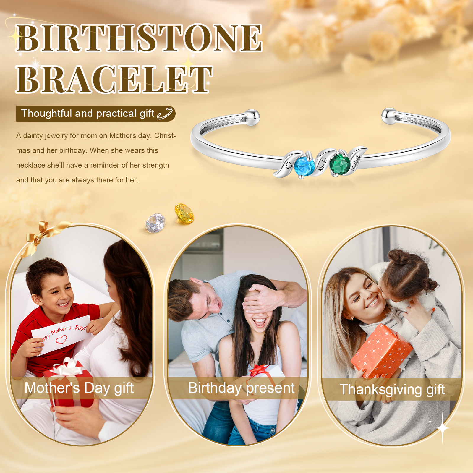 Personalized Women Birthstones Bangle Family Bracelet Customized With 1–5 Names Stones