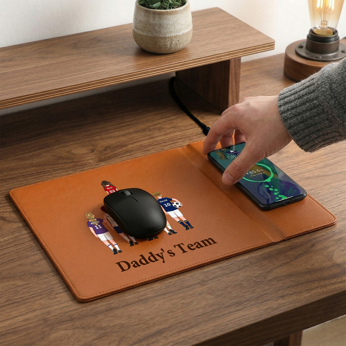 Personalized Leather Desk Pad With Wireless Charging Function Dadday's Team Custom with 1 To 8 Child Figures And Names