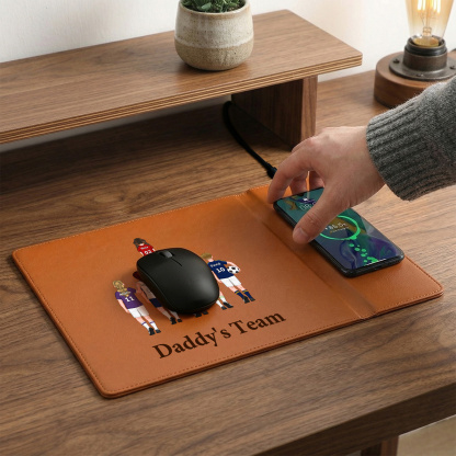 Personalized Leather Desk Pad With Wireless Charging Function Dadday's Team Custom with 1 To 8 Child Figures And Names