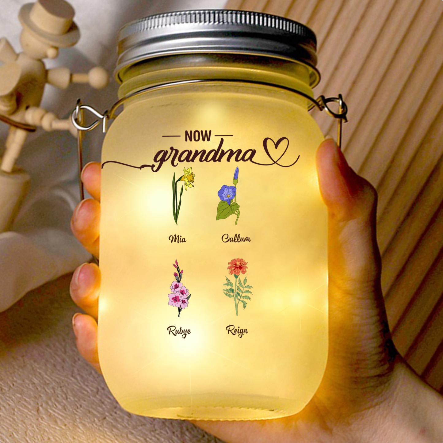 Personalized Flower Solar Mason Jar Light for Grandma Mom