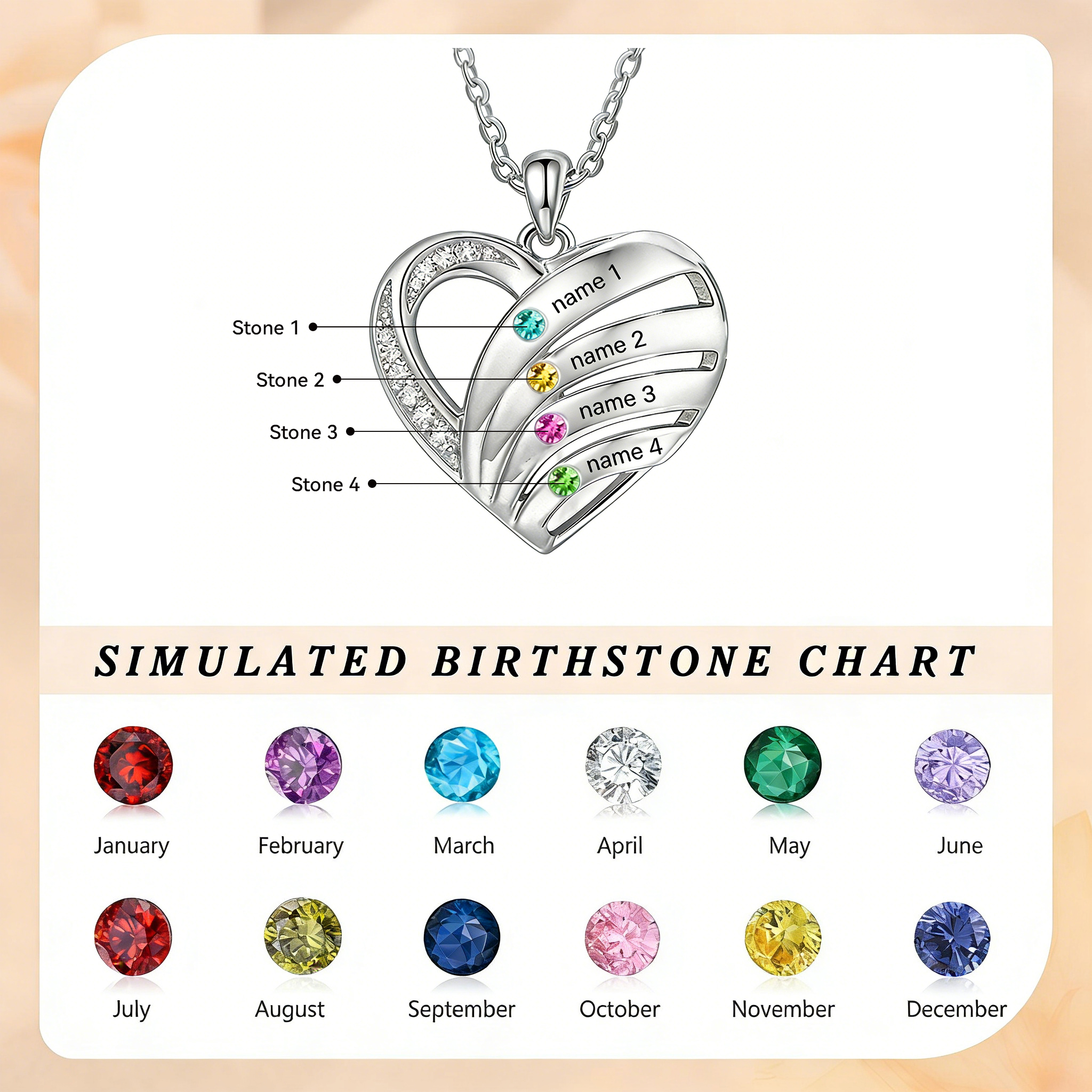 Personalized Heart Birthstones Necklace Customized With 3–5 Names And Stones