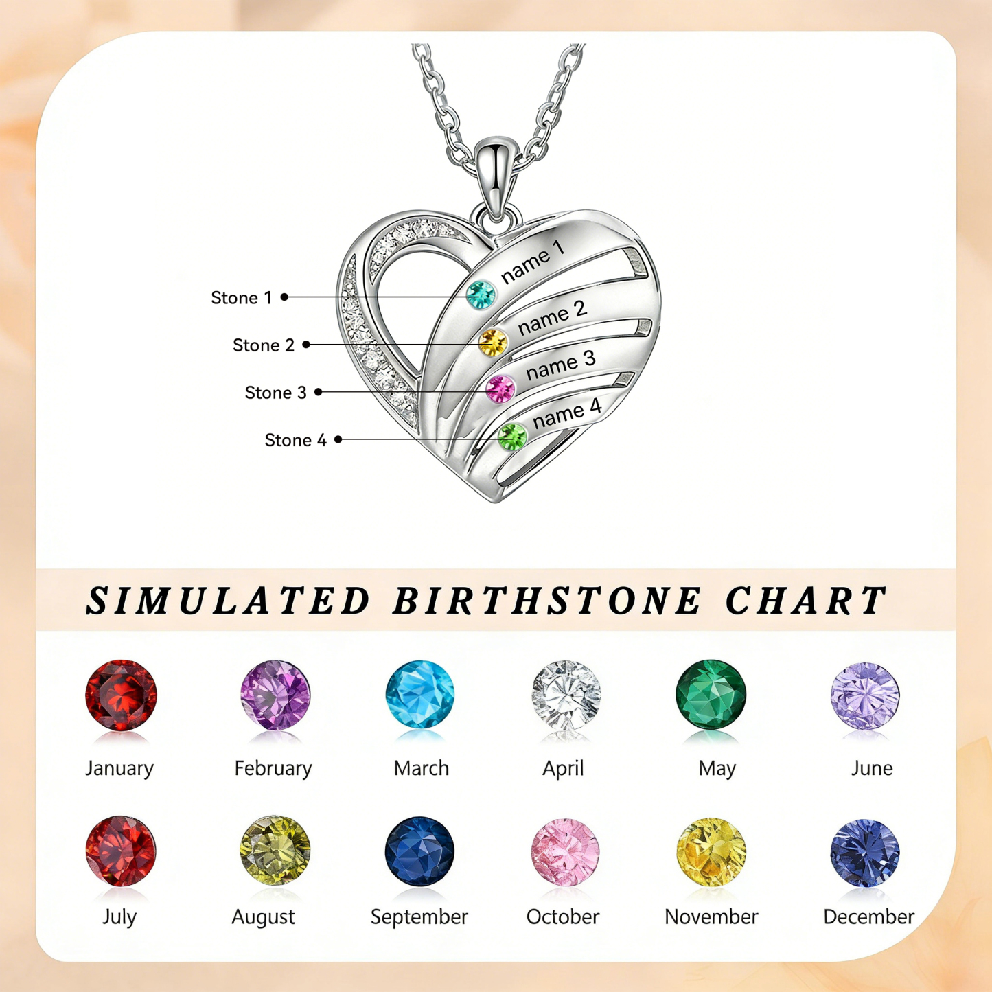 Personalized Heart Birthstones Necklace Customized With 3–5 Names And Stones