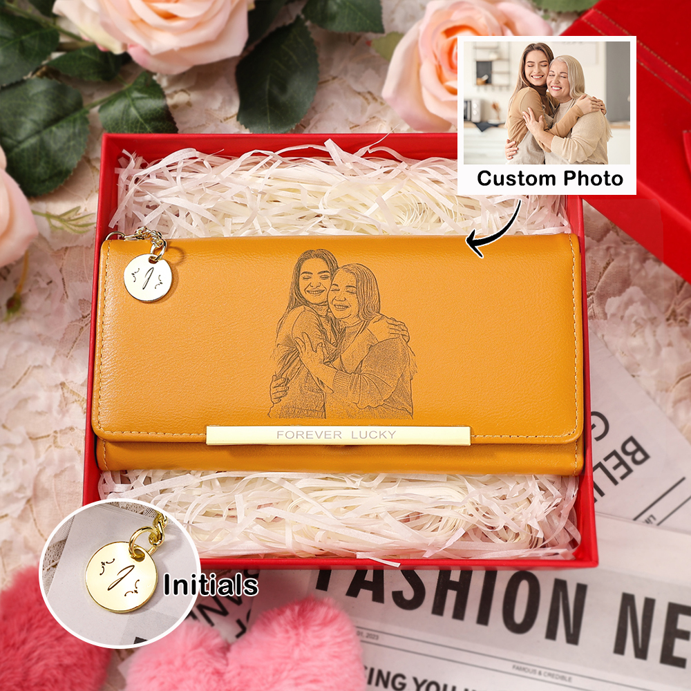Personalised Women's Wallet with Custom Photo & Letter – PU Leather Purse in Blue & Pink & Yellow Christmas Gift for Nan | Jessemade