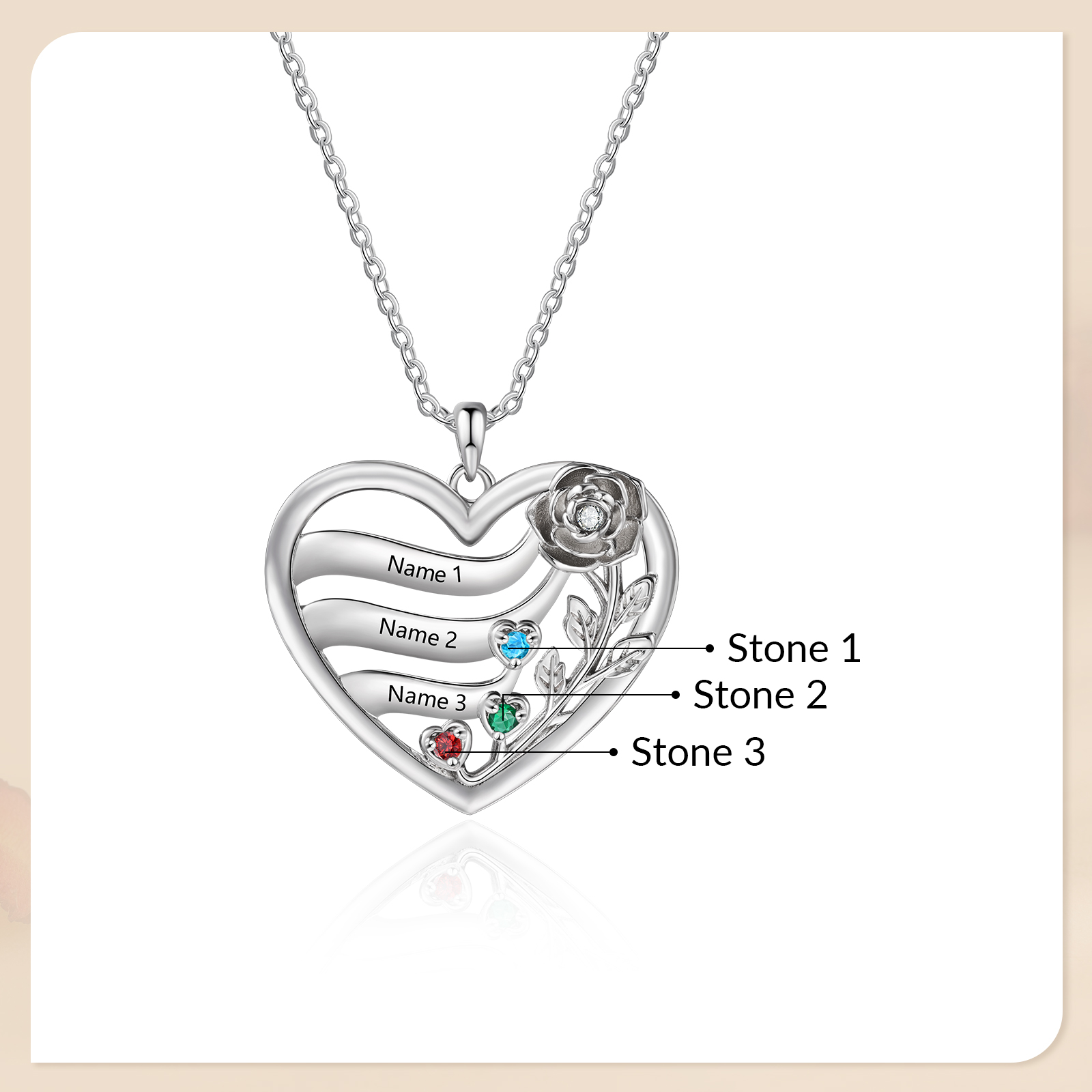 Personalized Rose Heart Birthstone Necklace Custom with 2–5 Names