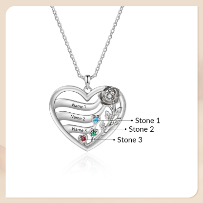 Personalized Rose Heart Birthstone Necklace Custom with 2–5 Names