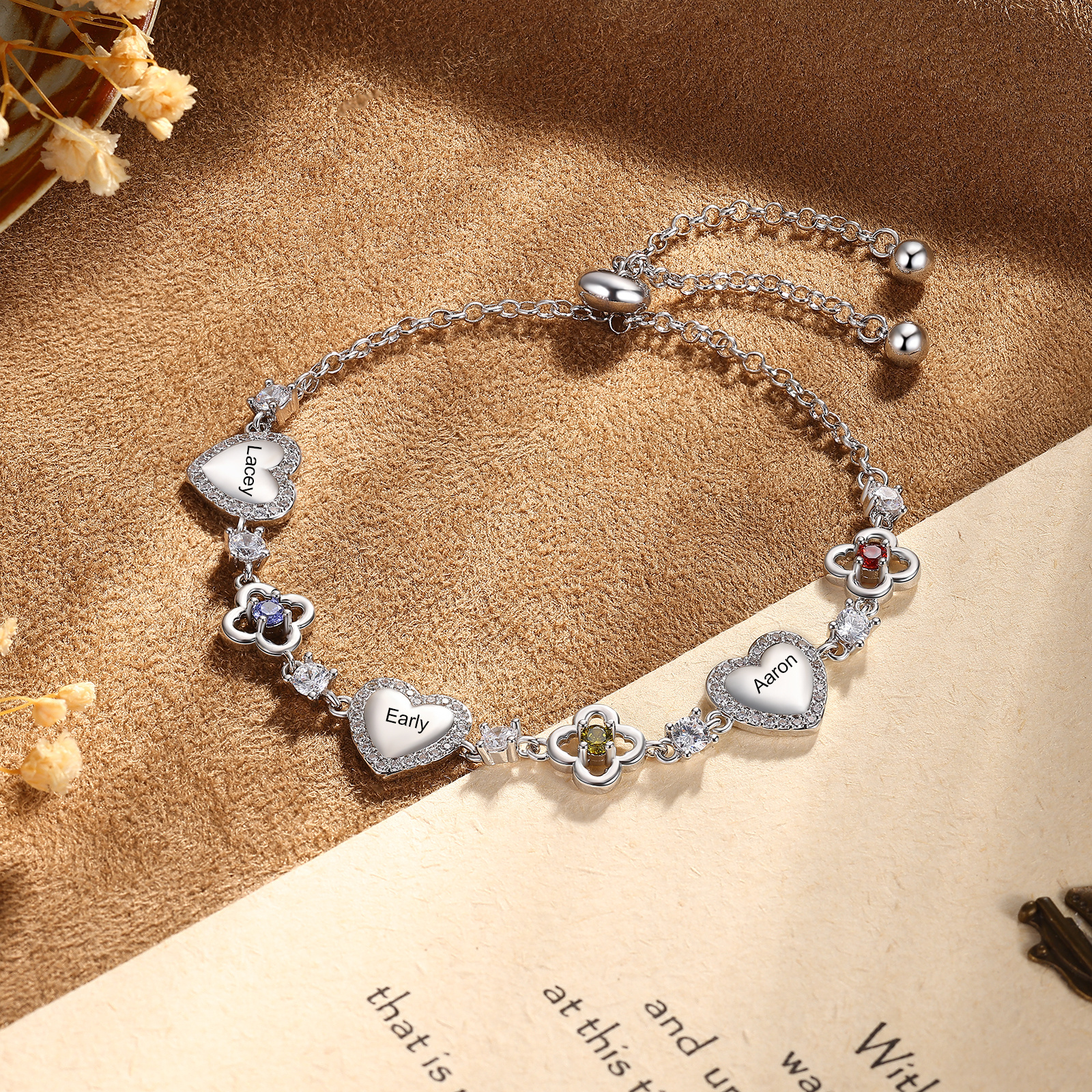 Personalized Birthstone Bracelet with Heart and Flowers Customized with 2–5 Names and Stones
