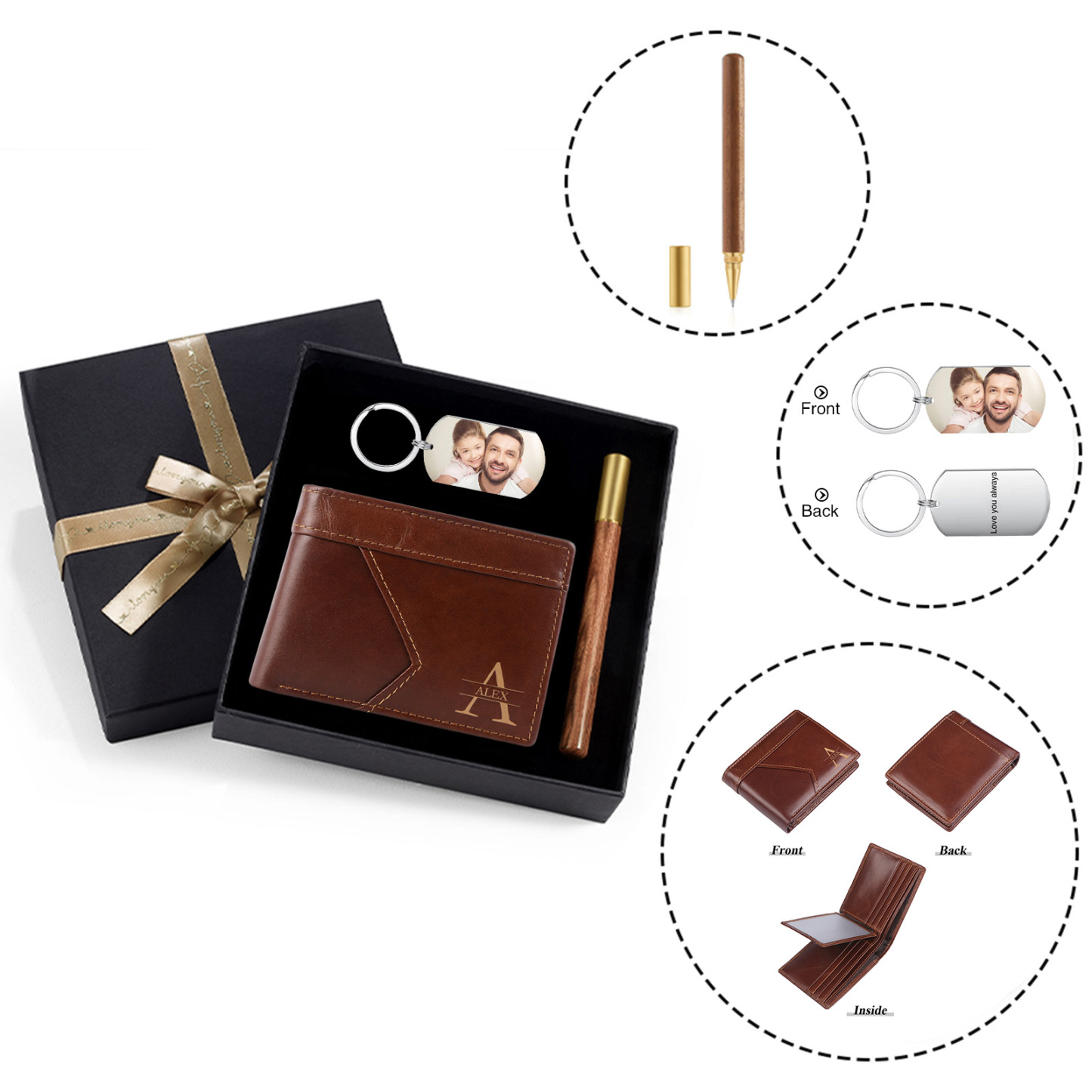 Personalized Leather Gift Set Bifold Wallet and Keychain Father's day Gift