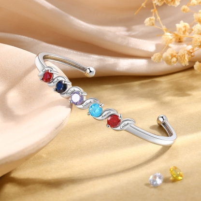 Personalized Women Birthstones Bangle Family Bracelet Customized With 1–5 Names Stones
