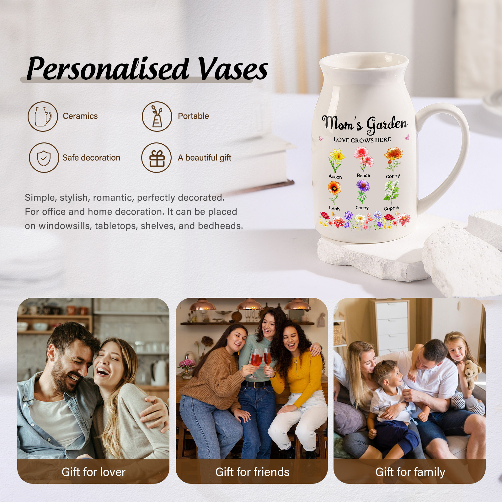 Personalized Ceramic Vase With Floral Motif Grandma’s Garden Customized With 1–10 Birth Flowers and Names