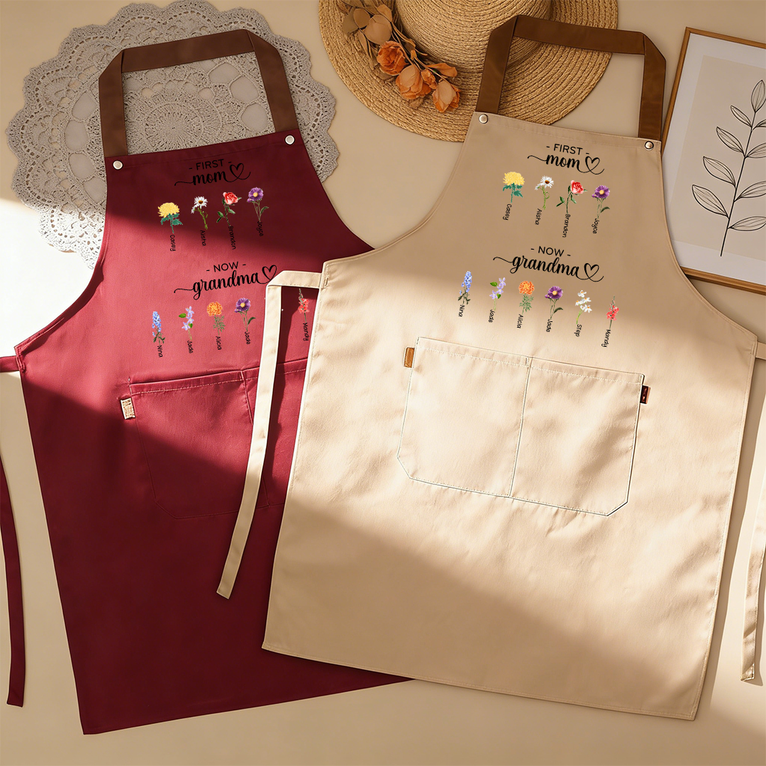 Personalized Apron “First Mom, Now Grandma” Custom with 2-16 Names and Birth Flowers