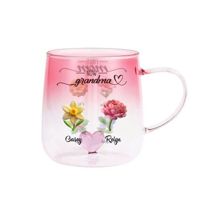 Personalized Birth Flowers Pink Gradient Glass Mug for Mom Grandma