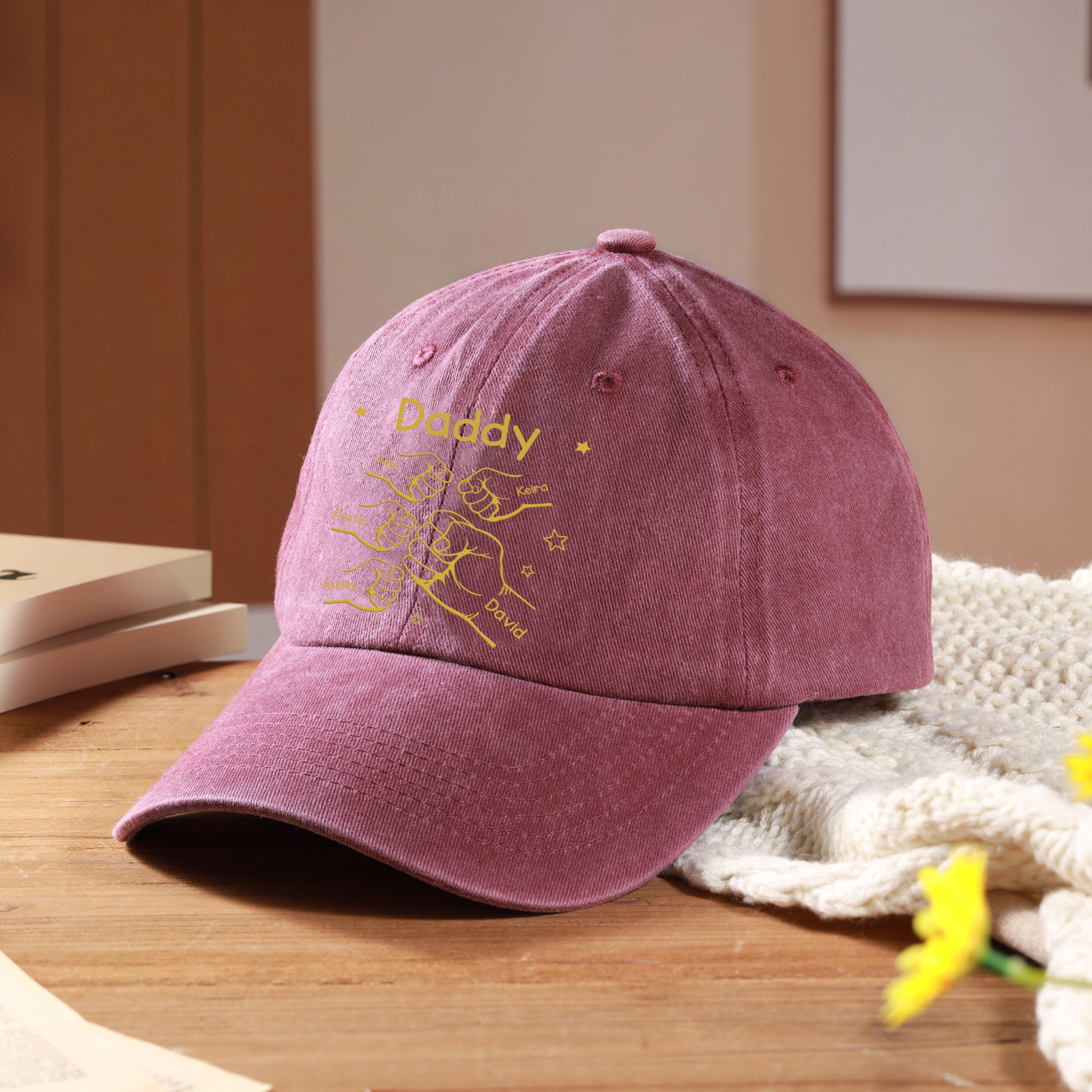 Personalized Washed Denim Baseball Cap Customized with 1-10 Names and Fist Bumps