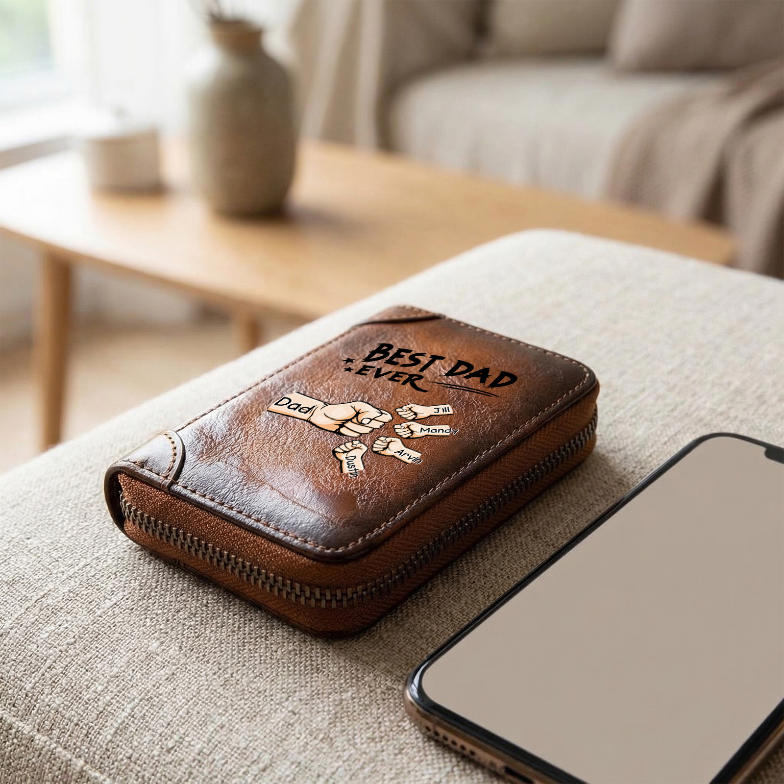 Personalized Genuine Leather Card Holder Custom with 1–6 Names and Fists Zippered Wallet for the Best Dad Grandpa