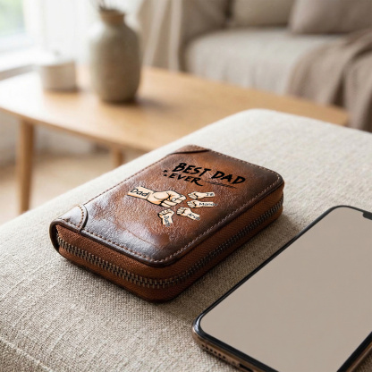 Personalized Genuine Leather Card Holder Custom with 1–6 Names and Fists Zippered Wallet for the Best Dad Grandpa