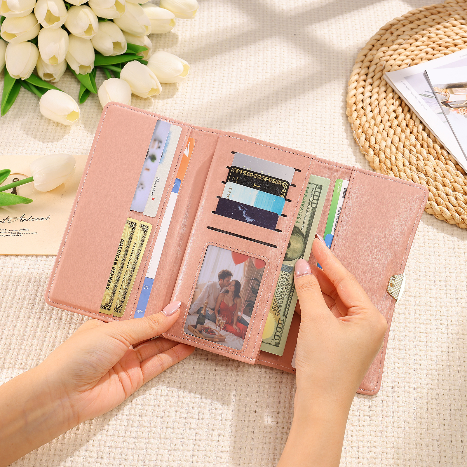 Personalized Long Women Leather Wallet Custom with Birth Flower and Name