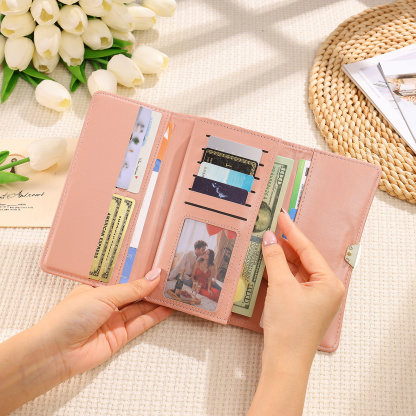 Personalized Long Women Leather Wallet Custom with Birth Flower and Name