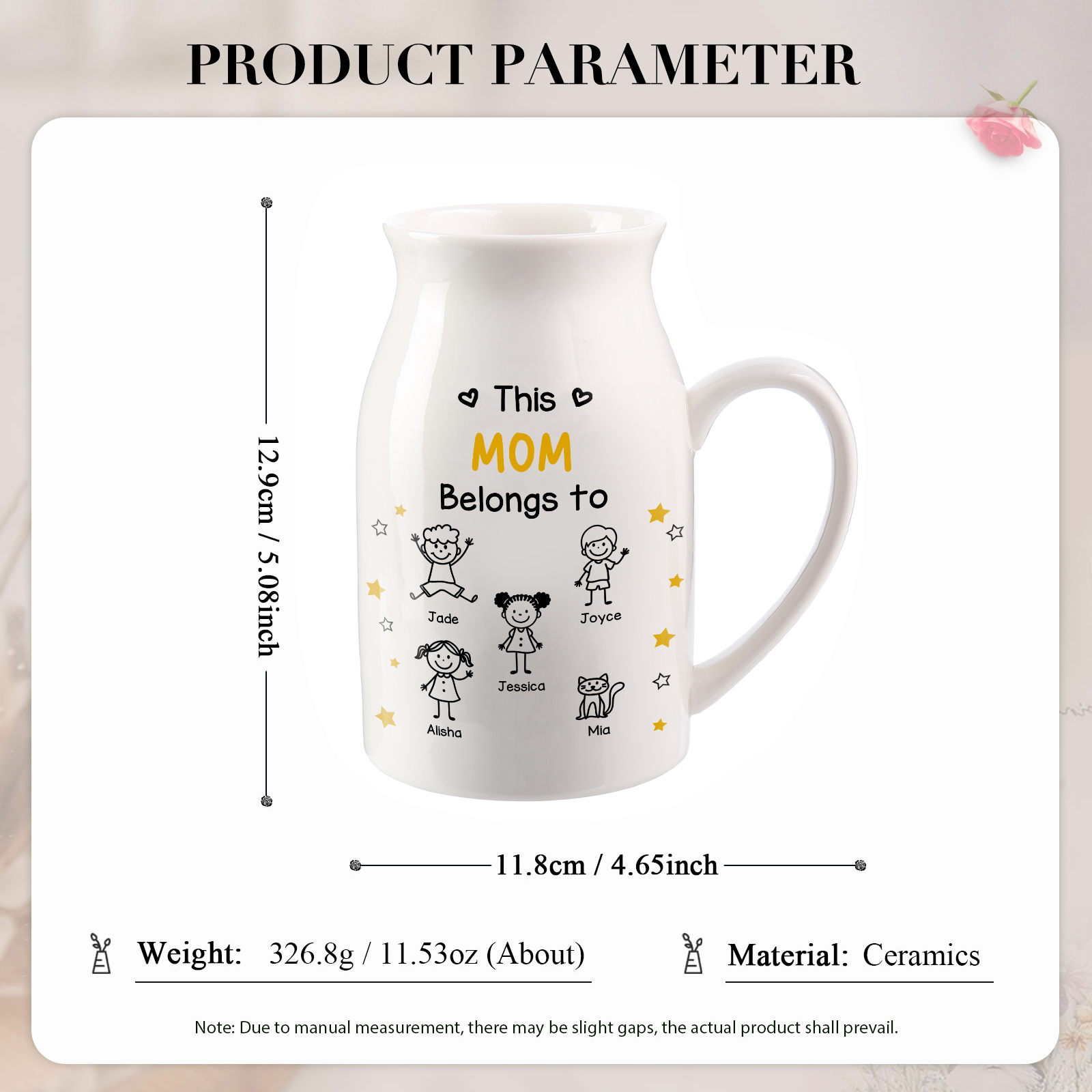 Personalized Ceramic Vase For Grandma Or Mom Customizable With 1-10 Names and Child Figures