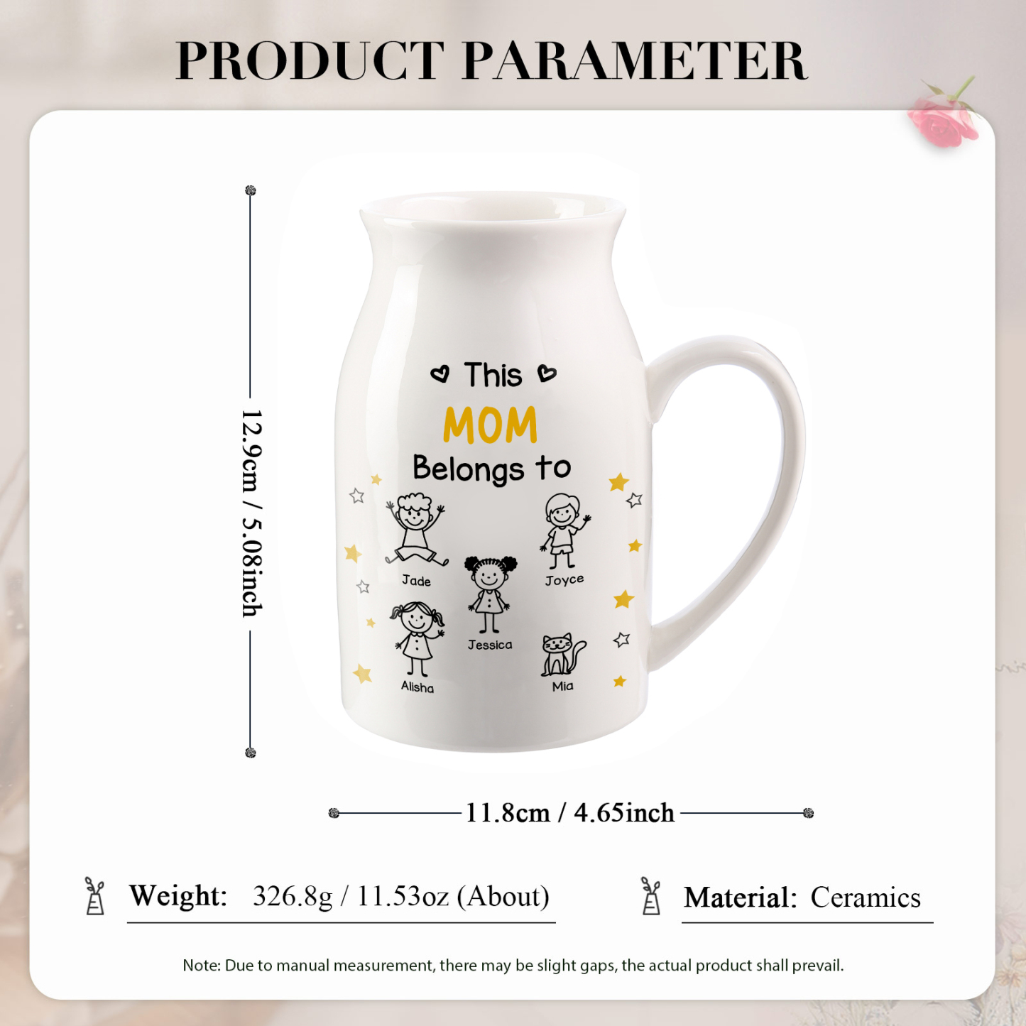 Personalized Ceramic Vase For Grandma Or Mom Customizable With 1-10 Names and Child Figures