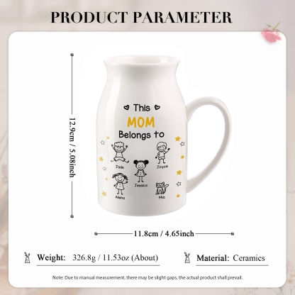 Personalized Ceramic Vase For Grandma Or Mom Customizable With 1-10 Names and Child Figures
