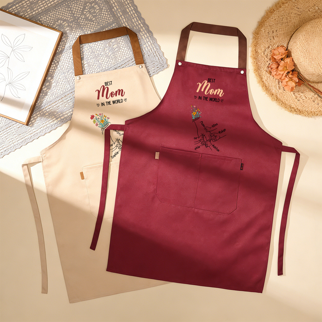 Personalized Floral Kitchen Apron Holding Hands Custom with 2–7 Names Gift for Mom or Grandma