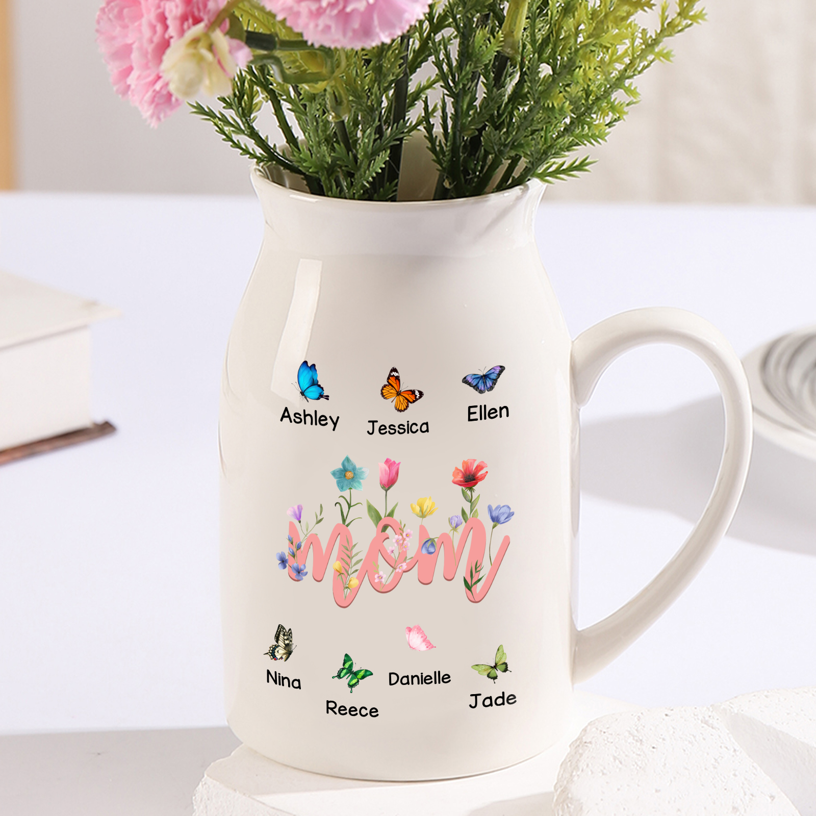 Personalized Ceramic Vase Custom With 1-10 Names Butterflies Gift For Mom Grandma
